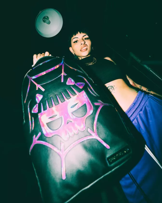Sprayground BACKPACKS*CAZZU IRIDESCENT CUT u0026 SEW SPIDER SKULL SHARK BACKPACK (DLXV)